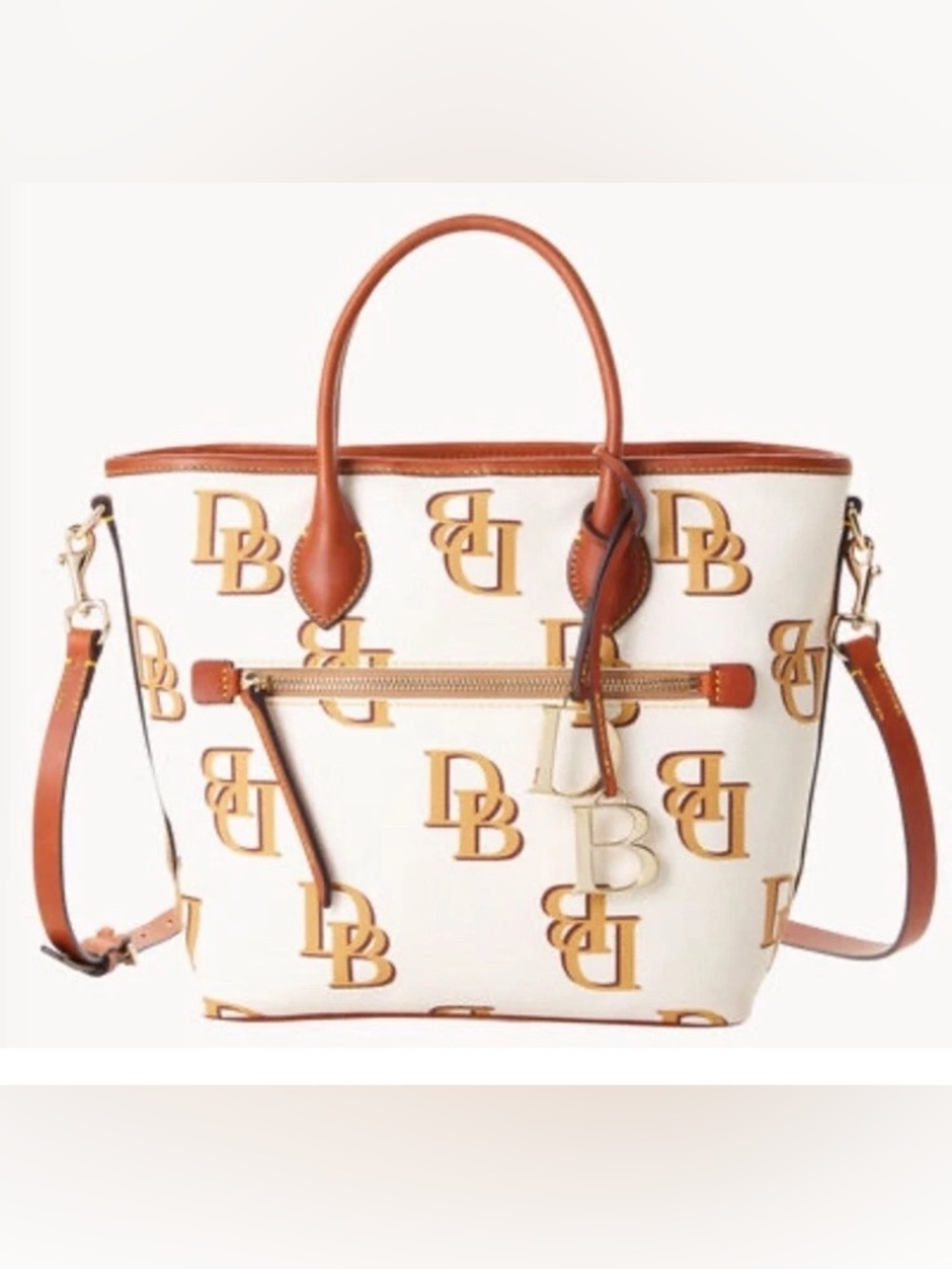 Dooney & Bourke - LIKE NEW - Monogram Tote in beige/ivory with tan leather trim - Picture 1 of 16